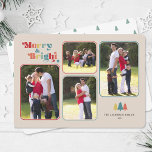 Cartes Pour Fêtes Annuelles Joyeux et brillant Retro couleur photo Noël<br><div class="desc">La carte de Noël colorée présente le texte "Merry & Bright" qui apparaît dans un texte rétro multicolore sur un arrière - plan couleur crème. Le design offre quatre cadres photo pour vos photos de famille préférées. Photographie © Storytree Studios,  Stanford,  CA</div>