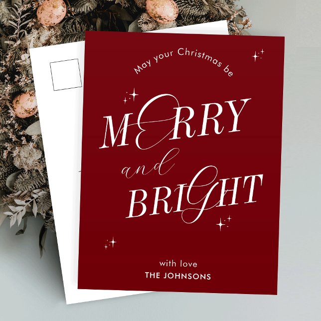 Cartes Pour Fêtes Annuelles Joyeux et brillant rouge Script non photo Noël (Spread the festive cheer with this elegant merry and bright postcard design)