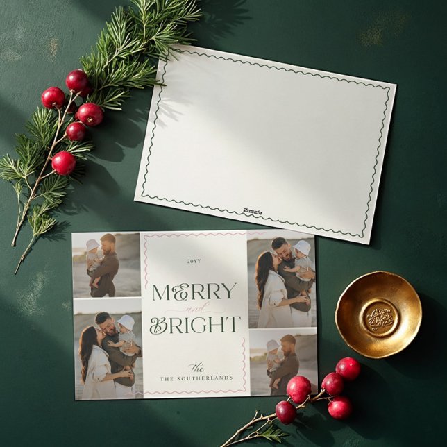 Cartes Pour Fêtes Annuelles Joyeux et brillant Wavy Modern Minimal 4 Photo Col (Merry & Bright Wavy Modern Minimal 4 Photo Collage Holiday Card)