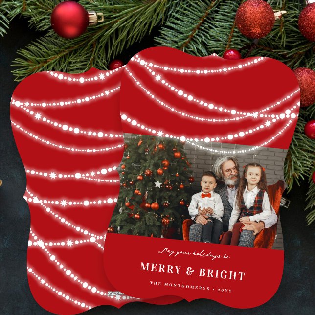 Cartes Pour Fêtes Annuelles Joyeux et brillants étincelles Chic rouge photo de (Merry & Bright Stylish Sparkling Lights Modern Chic Red Christmas Photo Holiday Card @ fat_fa_tin)