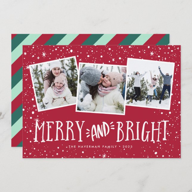 Cartes Pour Fêtes Annuelles Joyeux et lumineux | 3 Collage photo (Devant / Derrière)
