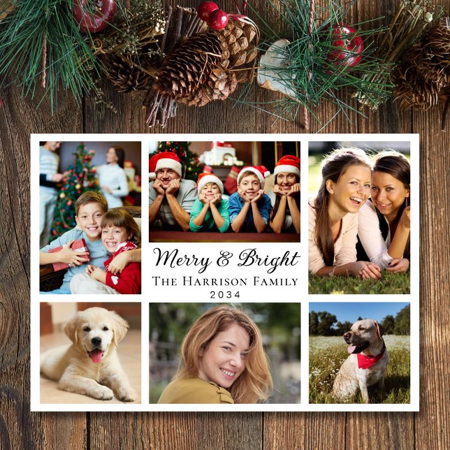 Cartes Pour Fêtes Annuelles Joyeux Et Lumineux 6 Collage Photo Noël (This holiday season, let your family's smiles and heartwarming memories shine on our 6 photo card)