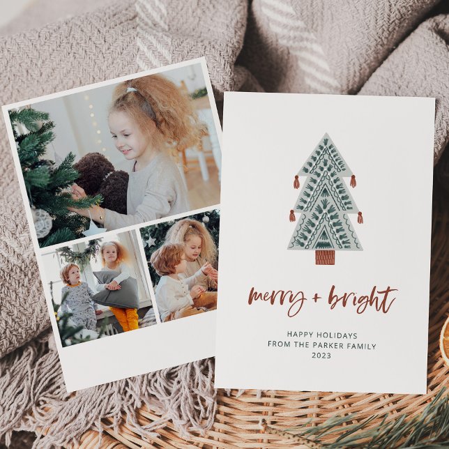 Cartes Pour Fêtes Annuelles Joyeux et lumineux | Boho Christmas Tree Multi Pho (A boho Christmas tree and terracotta script, with a multi photo grid on the back)