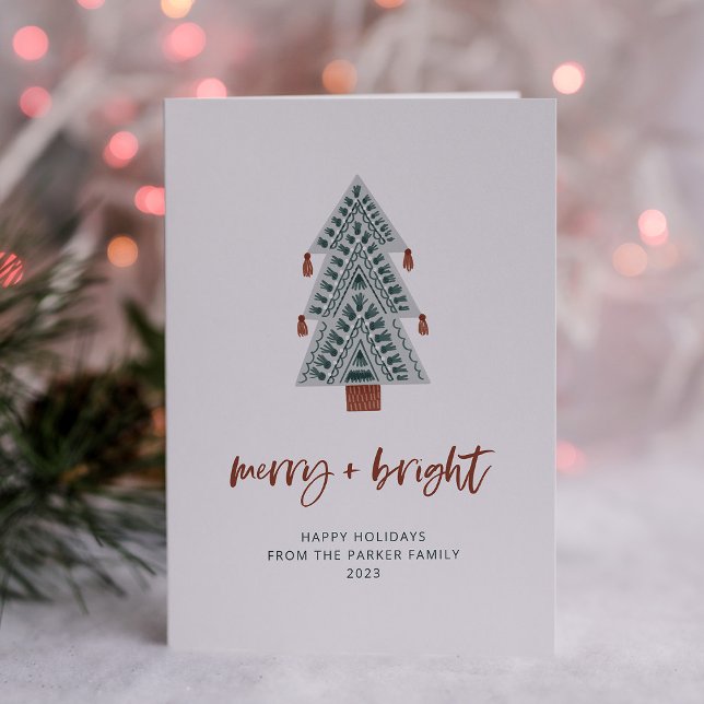 Cartes Pour Fêtes Annuelles Joyeux et lumineux | Boho Christmas Tree No Photo (A simple and stylish boho holiday card, with a green Christmas tree and terracotta script)