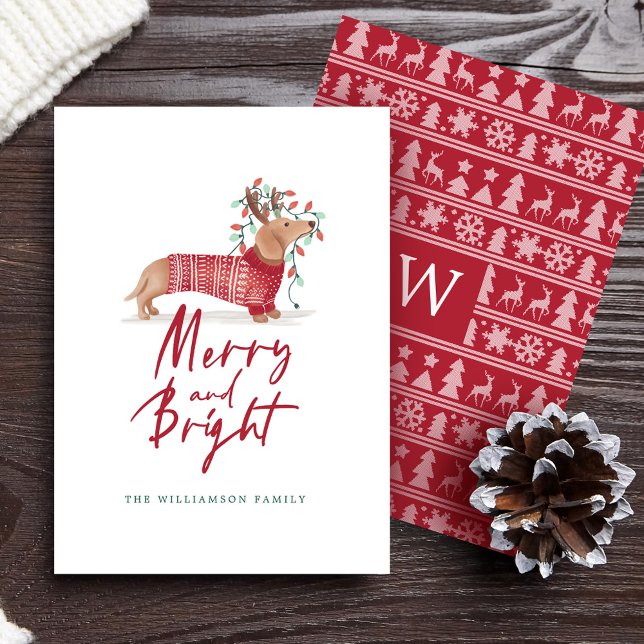 Cartes Pour Fêtes Annuelles Joyeux et lumineux | Chandail de Noël Dachshund (Merry & Bright | Dachshund Christmas Sweater Holiday Card)