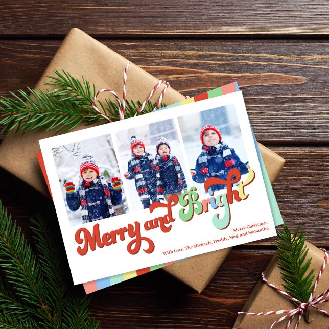 Cartes Pour Fêtes Annuelles Joyeux et lumineux Collage photo Noël (Merry and Bright holiday photo card. With colorful retro typography. )