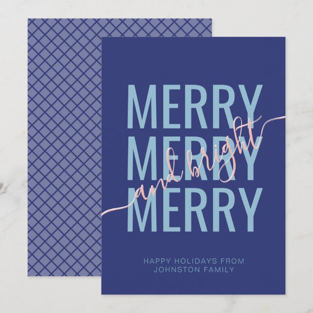 Cartes Pour Fêtes Annuelles Joyeux et lumineux damier bleu de Noël (Devant / Derrière)