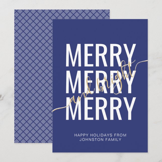 Cartes Pour Fêtes Annuelles Joyeux et lumineux damier bleu marine de Noël (Devant / Derrière)
