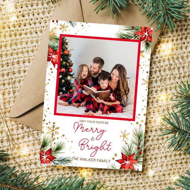 Cartes Pour Fêtes Annuelles Joyeux et lumineux Noël une photo (Merry and bright Christmas one photo Holiday Card editable template digital download)