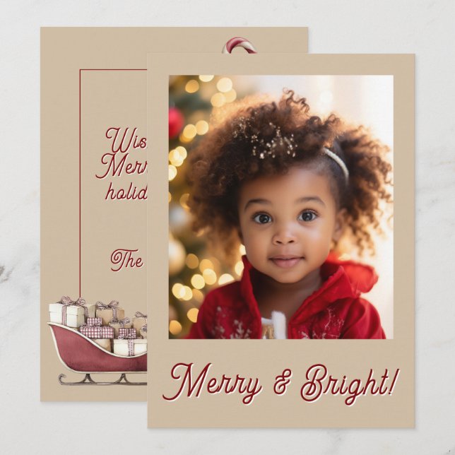 Cartes Pour Fêtes Annuelles Joyeux et Lumineux Rouge Photo Fêtes de Noël (Devant / Derrière)