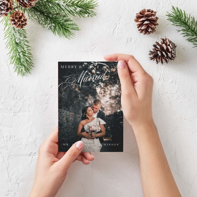 Cartes Pour Fêtes Annuelles Joyeux et marié Élégant script photo (Créateur téléchargé)