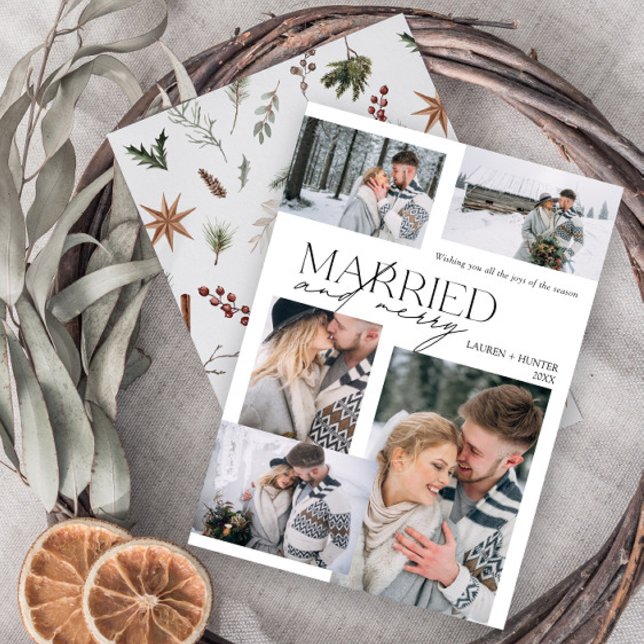 Cartes Pour Fêtes Annuelles Joyeux et marié moderne 5 photo Newly (Easily personalize this newlywed photo holiday card with five of your favorite image and deets)