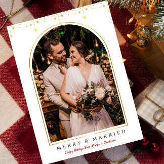 Cartes Pour Fêtes Annuelles Joyeux et Mariés Étoiles Dorées Arche Photo Noël