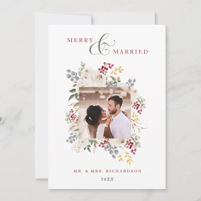 Cartes Pour Fêtes Annuelles Joyeux et mariés Roses d'hiver & Berries Photo (Devant)