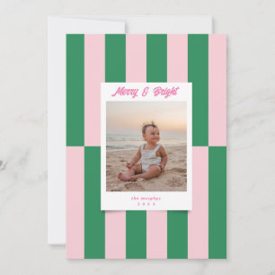 Cartes Pour Fêtes Annuelles Joyeux et rose vif et rayures vertes modernes