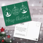 Cartes Pour Fêtes Annuelles Joyeux et vert brillant Noël<br><div class="desc">Une carte de Noël parfaite pour les entreprises à envoyer. Comprend 3 ornements, dont un avec "Joyeux et lumineux" au centre. Ajoutez votre logo pour en faire votre propre logo. Une carte postale simple et amusante pour les marques d'entreprise, les petites entreprises, ou les particuliers comme les maquilleurs, les esthéticiens,...</div>
