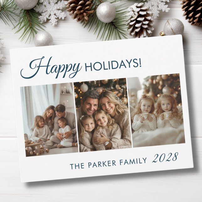 Cartes Pour Fêtes Annuelles Joyeux Fêtes ! 3 Photo, Blanc, Minimal (Happy Holidays! 3 Photo, White, Blue, Minimal, Modern Holiday Card)