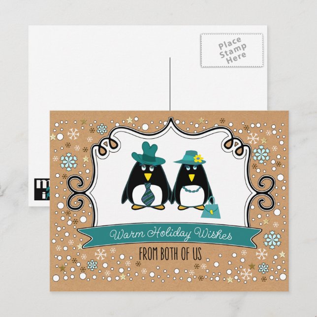 Cartes Pour Fêtes Annuelles Joyeux Fêtes. Couple de pingouin amusant (Devant / Derrière)
