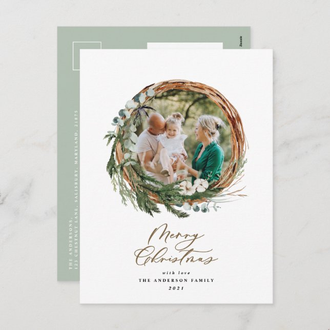 Cartes Pour Fêtes Annuelles Joyeux feuillage moderne wreath script holi (Devant / Derrière)