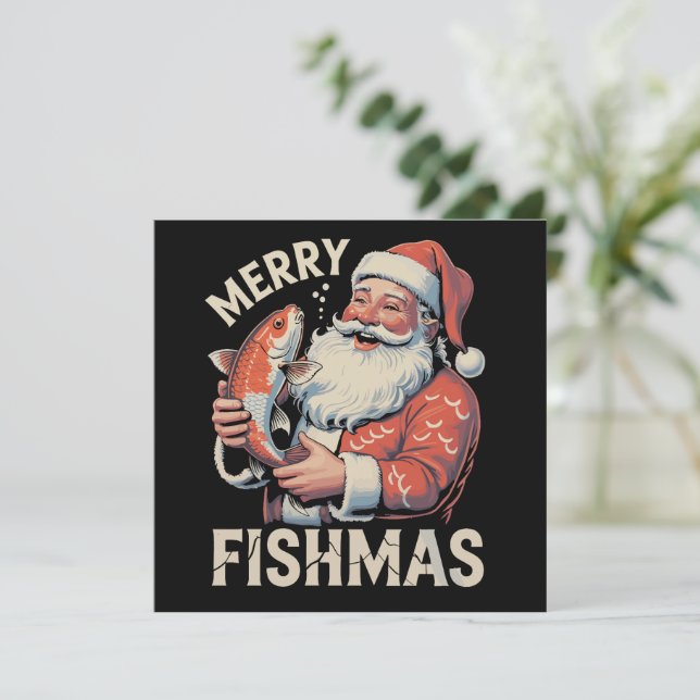 Cartes Pour Fêtes Annuelles Joyeux Fishmas Noël drôle Santa Claus pêche  (Debout devant)