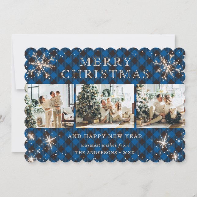 Cartes Pour Fêtes Annuelles Joyeux Flocon de neige mousseux Blue Plaid Photo C (Devant)