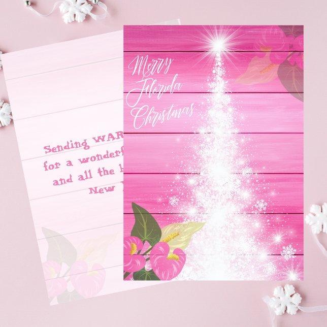 Cartes Pour Fêtes Annuelles Joyeux Florida Hibiscus rose de Noël Arbre blanc (Créateur téléchargé)