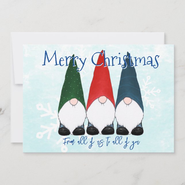 Cartes Pour Fêtes Annuelles Joyeux Gnomes de Noël et flocons de neige en bleu (Devant)