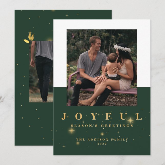 Cartes Pour Fêtes Annuelles Joyeux Green & Gold Deux photos Noël (Devant / Derrière)