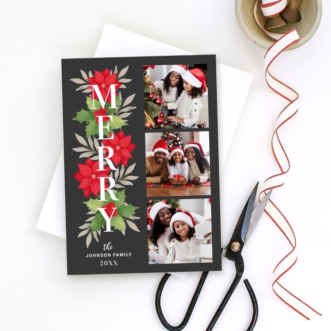 Cartes Pour Fêtes Annuelles Joyeux Gris Noël Floral 3 Photo (Créateur téléchargé)