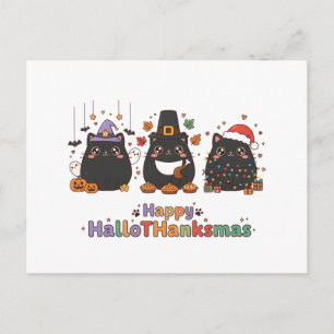 Cartes Pour Fêtes Annuelles Joyeux HalloThanksmas Kawaii Chat Noir Triple