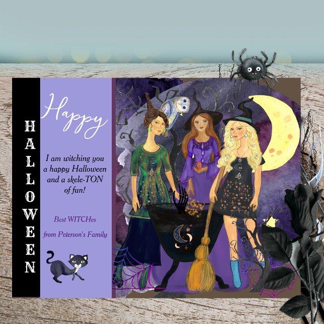 Cartes Pour Fêtes Annuelles Joyeux Halloween 3 Sorcières Illustration Fantaisi (Halloween Best Witches Holiday Postcard )