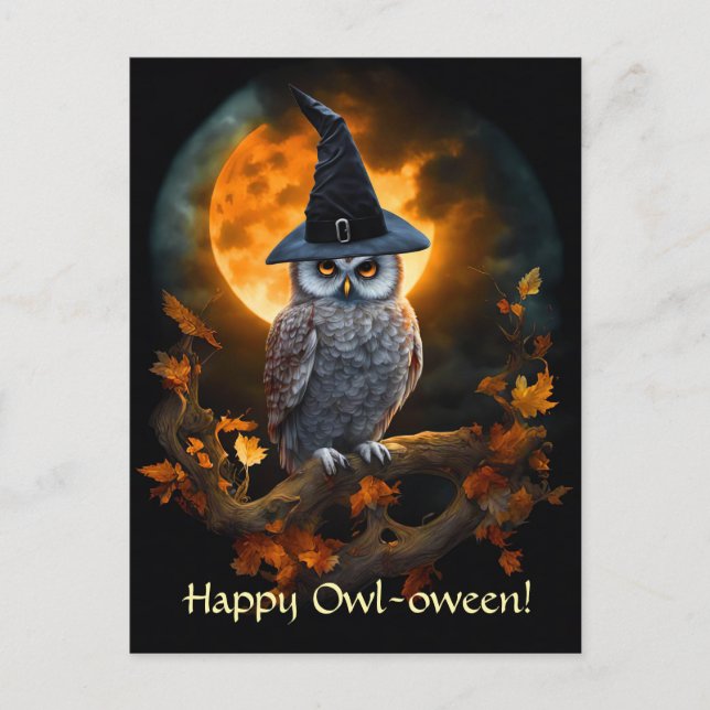 Cartes Pour Fêtes Annuelles Joyeux Halloween Chapeau de Sorcier Hibou Mignon (Devant)
