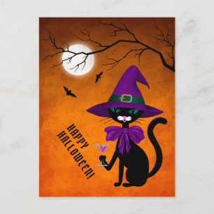 Cartes Pour Fêtes Annuelles Joyeux Halloween Chat noir pourpre sorcière Casque