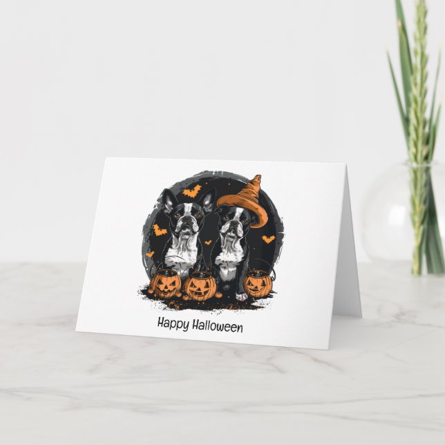 Cartes Pour Fêtes Annuelles Joyeux Halloween Chiens Boston Terrier (Devant)