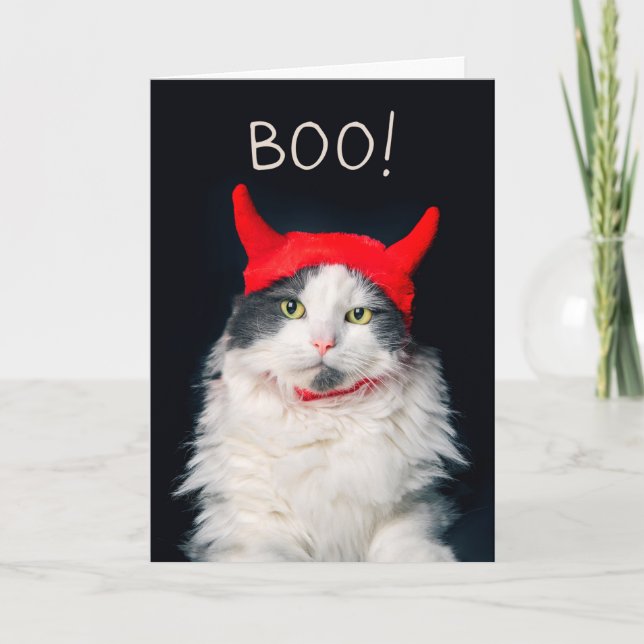 Cartes Pour Fêtes Annuelles Joyeux Halloween Cute Chat en Costume Diable (Devant)