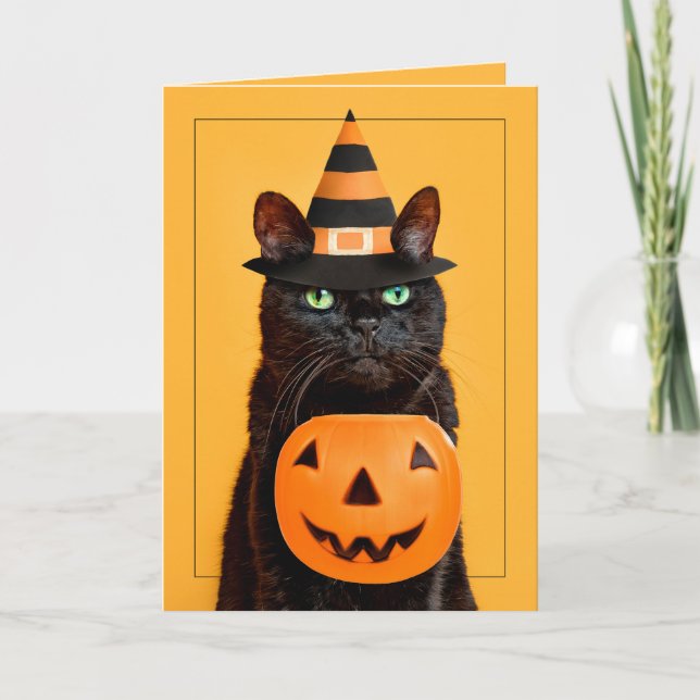 Cartes Pour Fêtes Annuelles Joyeux Halloween Drôle Chat Noir dans le Chapeau d (Devant)