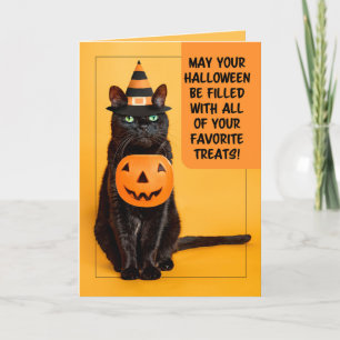 Cartes Pour Fêtes Annuelles Joyeux Halloween Drôle Chat Noir dans un Chapeau d