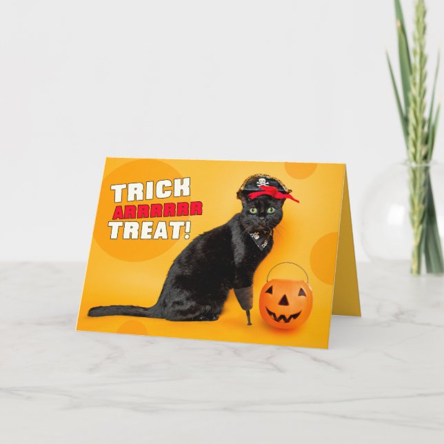 Cartes Pour Fêtes Annuelles Joyeux Halloween Drôle Chat Noir déguisé en Pirate (Devant)
