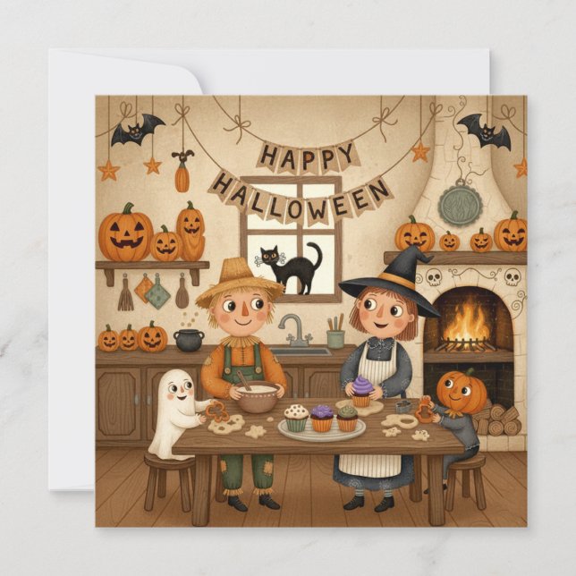 Cartes Pour Fêtes Annuelles Joyeux Halloween Famille de Campagne Cupcakes (Devant)