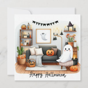 Cartes Pour Fêtes Annuelles Joyeux Halloween Gentil Fantôme dans sa Maison