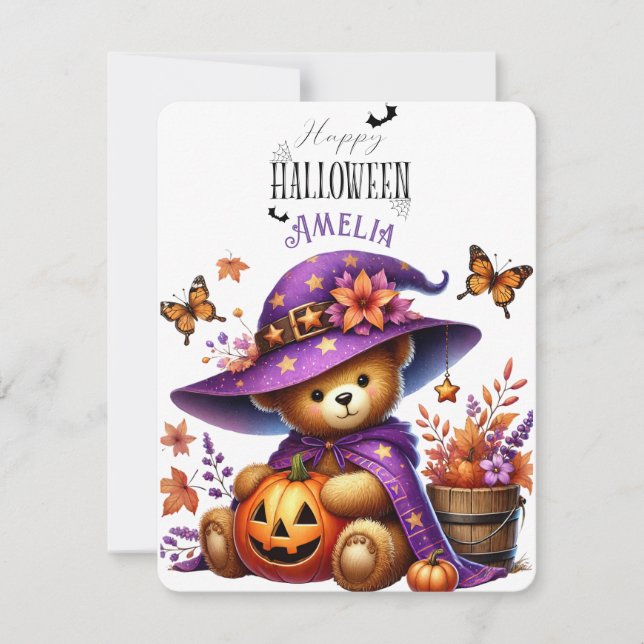 Cartes Pour Fêtes Annuelles Joyeux Halloween Ourson sorcier mignon (Devant)
