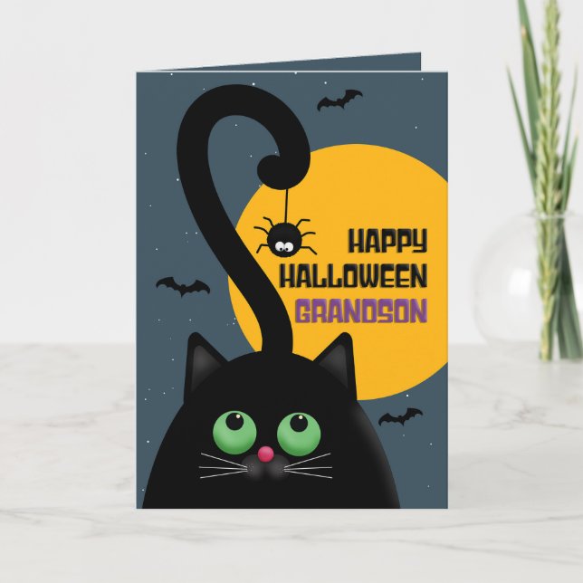 Cartes Pour Fêtes Annuelles Joyeux Halloween Petit-Fils Chat Noir Avec Araigné (Devant)