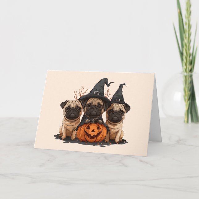 Cartes Pour Fêtes Annuelles Joyeux Halloween Pugs Citrouilles (Devant)