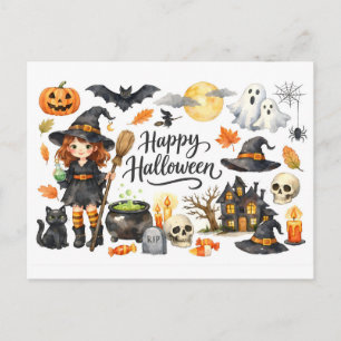 Cartes Pour Fêtes Annuelles Joyeux Halloween Sorcière, Chat, Maison Hantée et