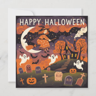 Cartes Pour Fêtes Annuelles Joyeux Halloween Sorcière Fantaisiste sur le Balai