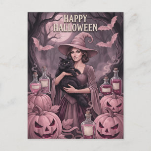Cartes Pour Fêtes Annuelles Joyeux Halloween Sorcière Rose Vintage & Chat Noir