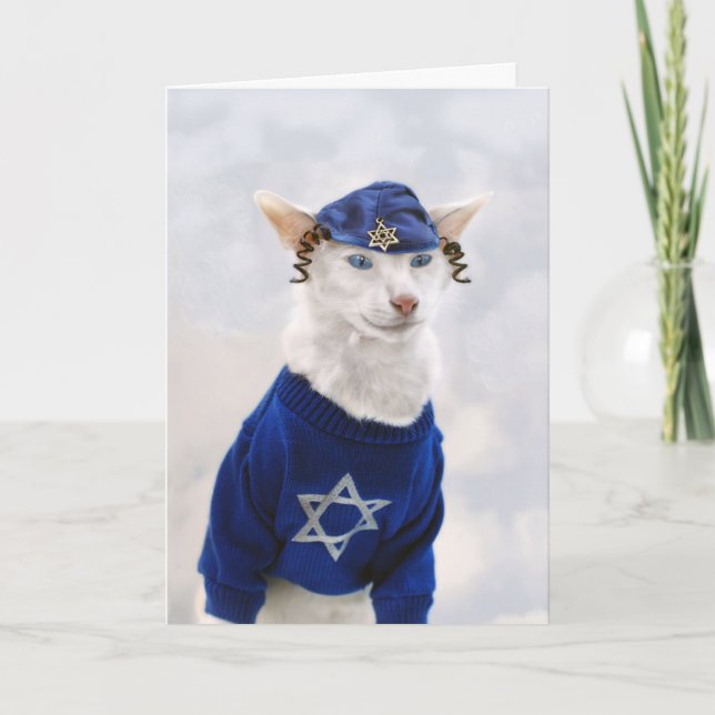 Cartes Pour Fêtes Annuelles Joyeux Hanoukka Cat avec Payot et Yarmulke (Devant)