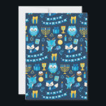 Cartes Pour Fêtes Annuelles Joyeux Hanoukka Menorah Sufganiyot Cute Owl Blue<br><div class="desc">Fêtez le Festival des lumières avec notre carte de voeux Hanoukka! Cette carte est un joyeux mélange de symboles Hanoukka, avec le dreidel, la menorah, le sufganiyot, un chouette mignon, un cadeau, l'étoile de David, des bougies, et d'adorables renards. Ce n'est pas seulement une carte ; c'est une étreinte chaleureuse,...</div>