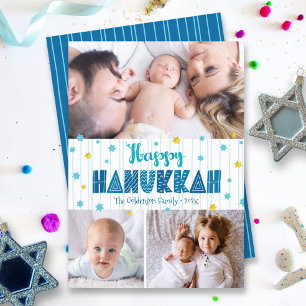 Cartes Pour Fêtes Annuelles Joyeux Hanukkah 3 Photo Typographie Moderne Étoile