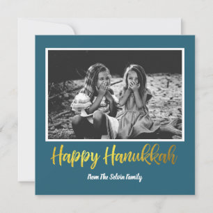 Cartes Pour Fêtes Annuelles Joyeux Hanukkah en bleu sarcelle et photo en faux